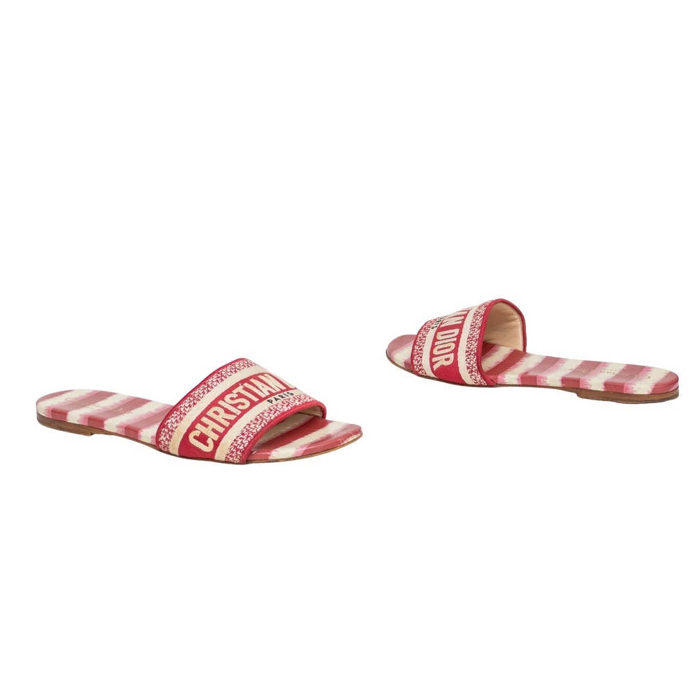 Christian Dior D-Way Slides Red White Striped Embroidered Flat Sandals Size 38